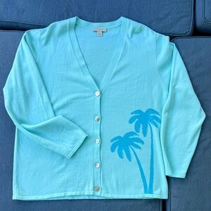Resort Ready Aqua Blue Palm Tree Cotton Cardigan | Size L